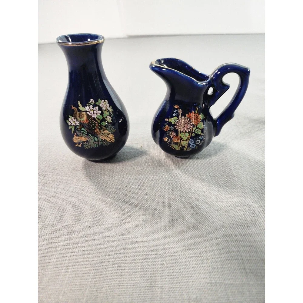 Vintage Cobalt Blue Mini Vase & Creamer Pitcher Set with Gold Trim – Floral &...